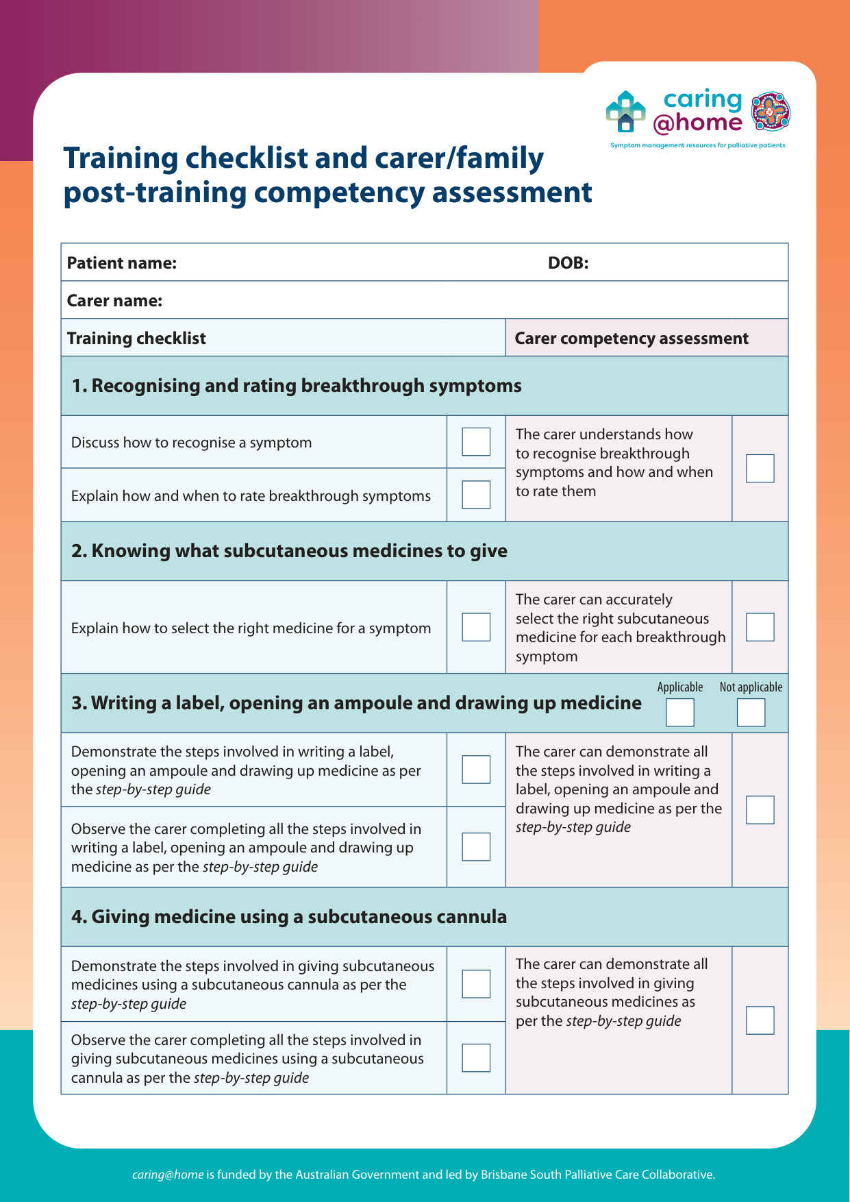 Thumbnail of Training checklist and carer/family post-training competency assessment